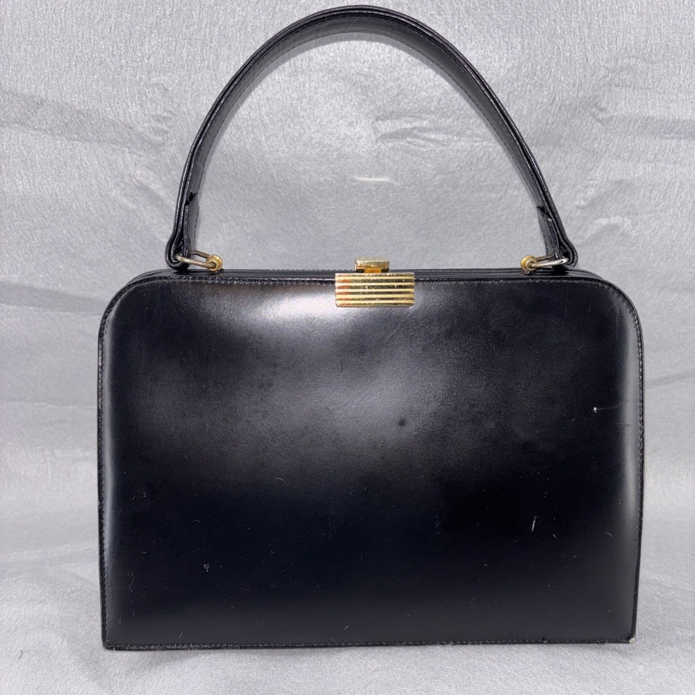 Vtg 60s Dofan Black Top Handle Box Leather Frame Handbag‎ White Interior France